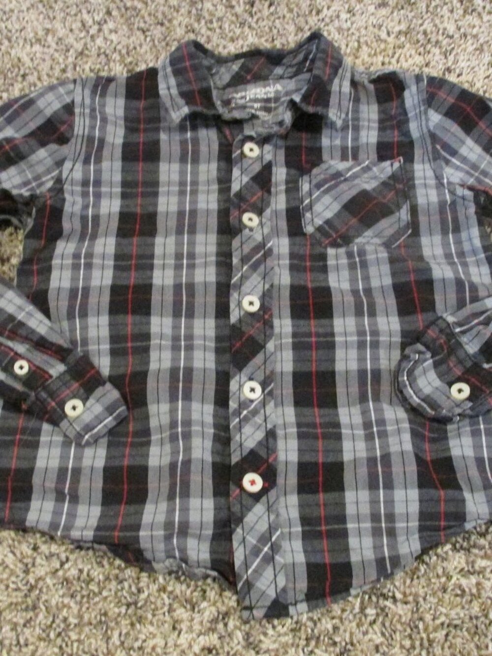 Arizona Button Up Dress Shirt Boys 5T Black Gray Plaid Long‎ Sleeve Collared Top